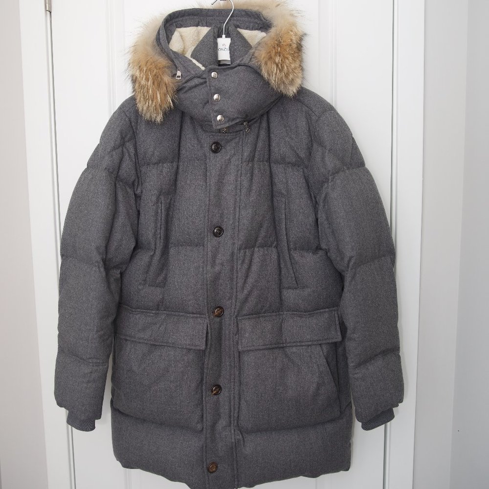 MONCLER Men's Vilaine Longline Fur-Trim Parka Size 5 (XXL)